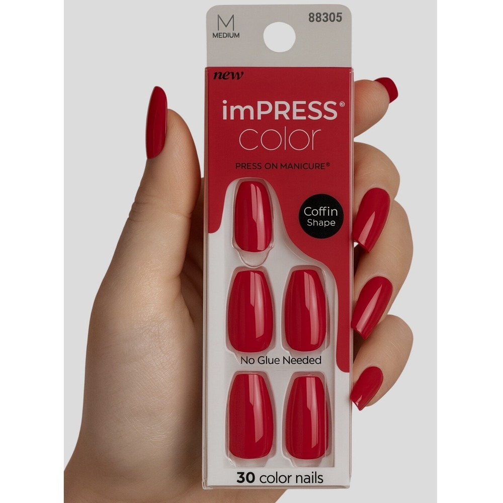 imPRESS Color Press On Manicure Red Coffin Shape M 30 Nails Holiday 97-24